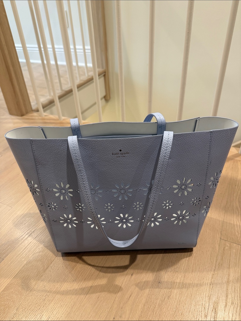 kate spade periwinkle blue floral laser-cut leather tote